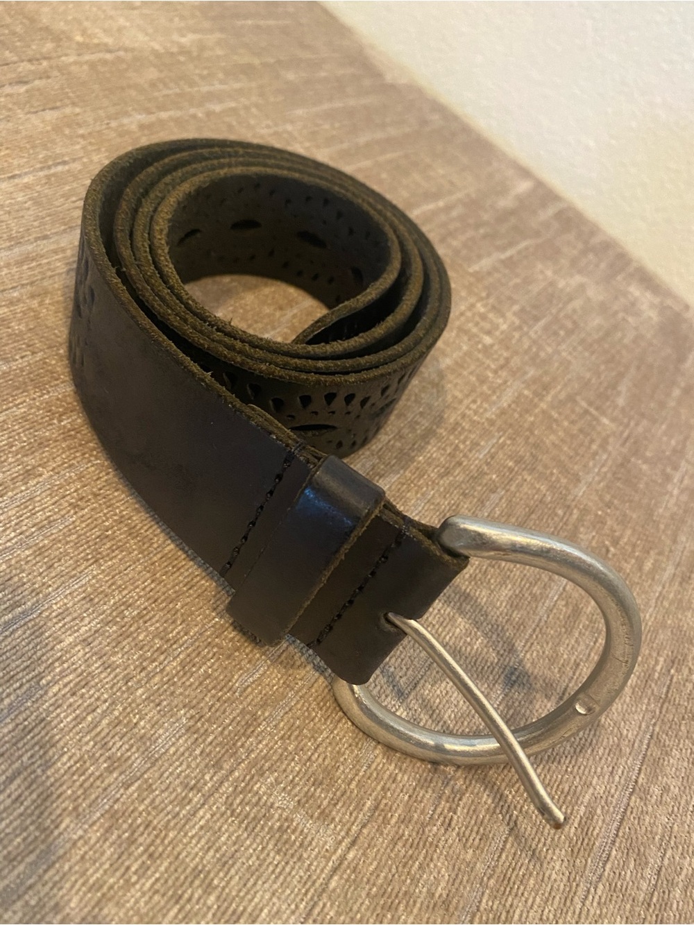 Lucky Brand Black Perforated Leather Belt with Round Silver Buckle